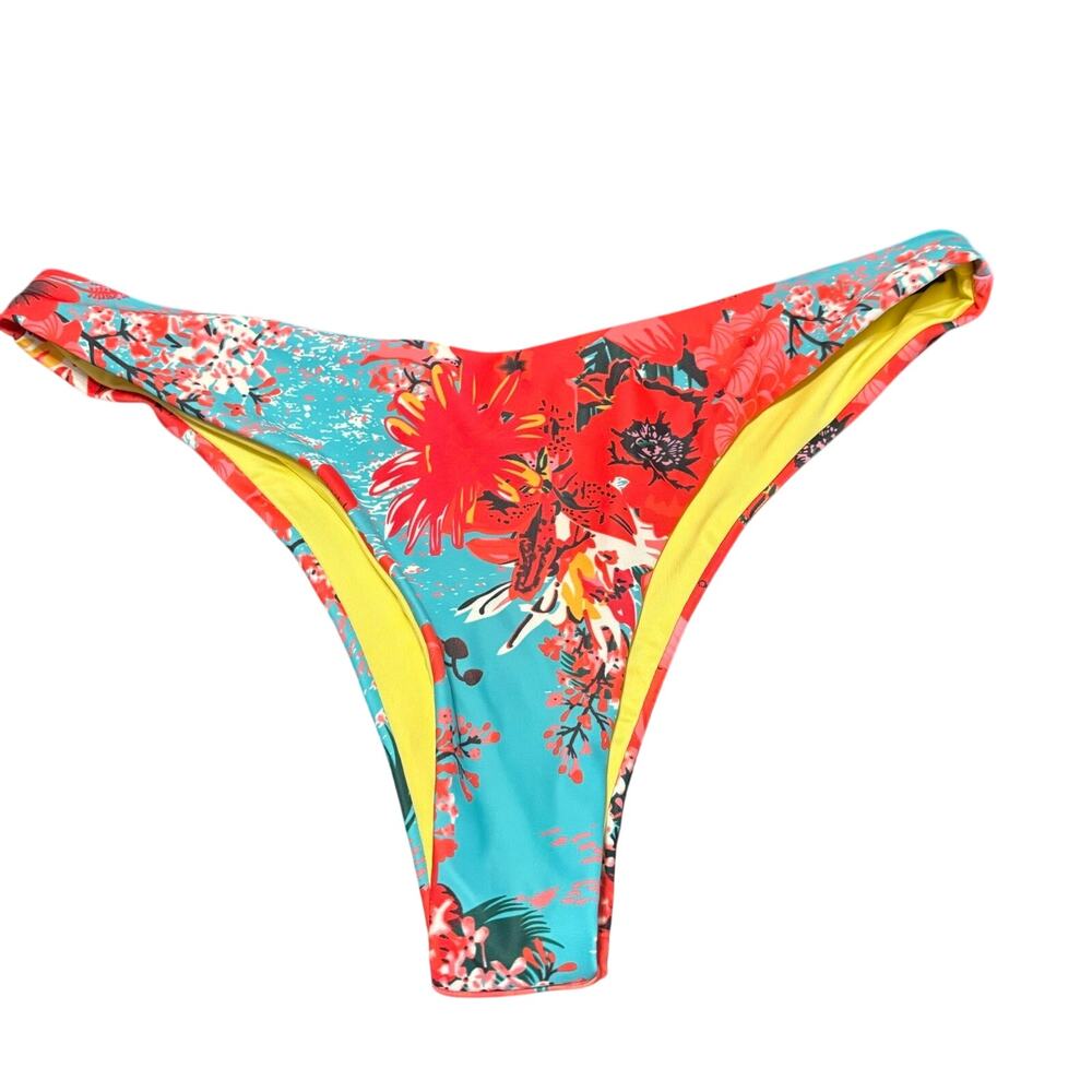 Relleciga One Shoulder Bikini Bottoms Floral Tropical Print Yellow Lined S